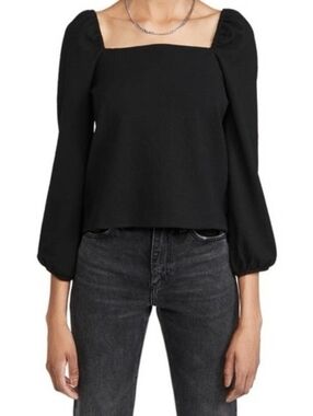 Womens Madewell Black Knit Top with Puff Sleeve Detail